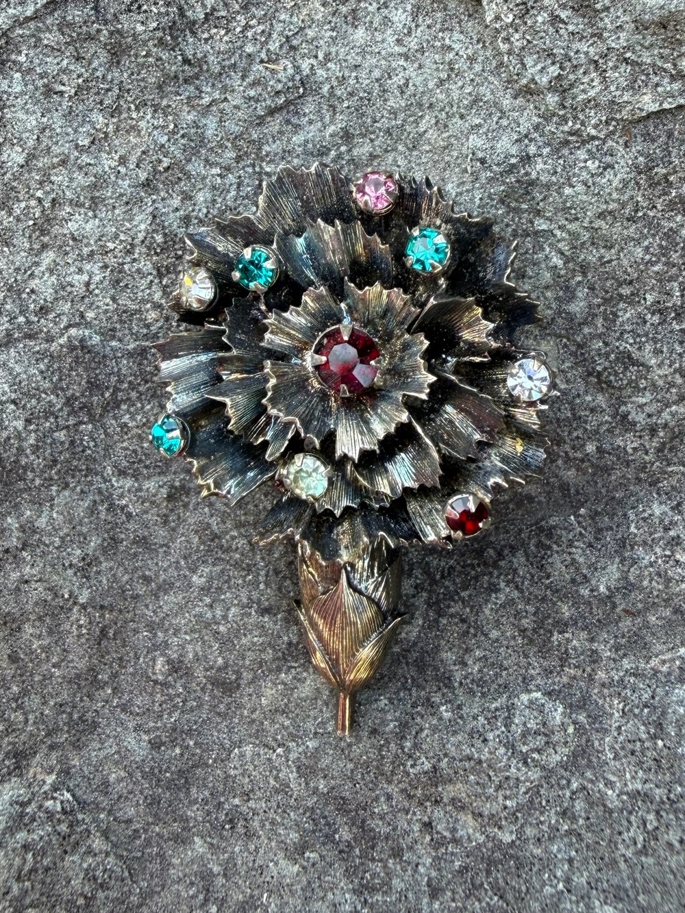 Vintage Sterling Silver Colorful Crystal Brooch